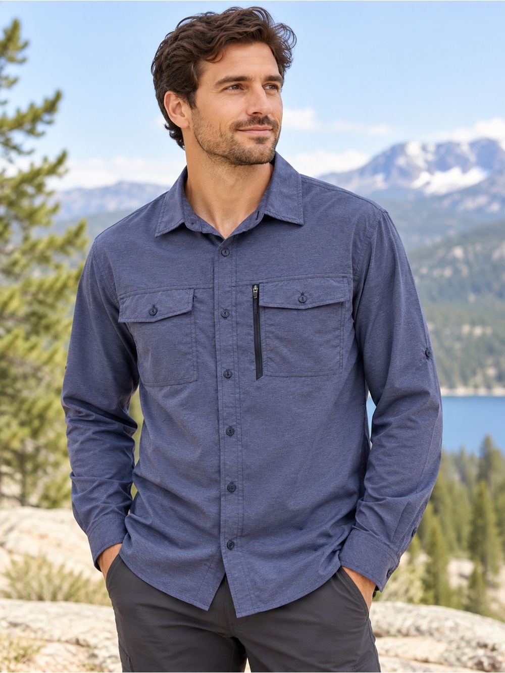 Outdoor Research Way Station L/S Shirt Navy Heather Large Tech Button Front